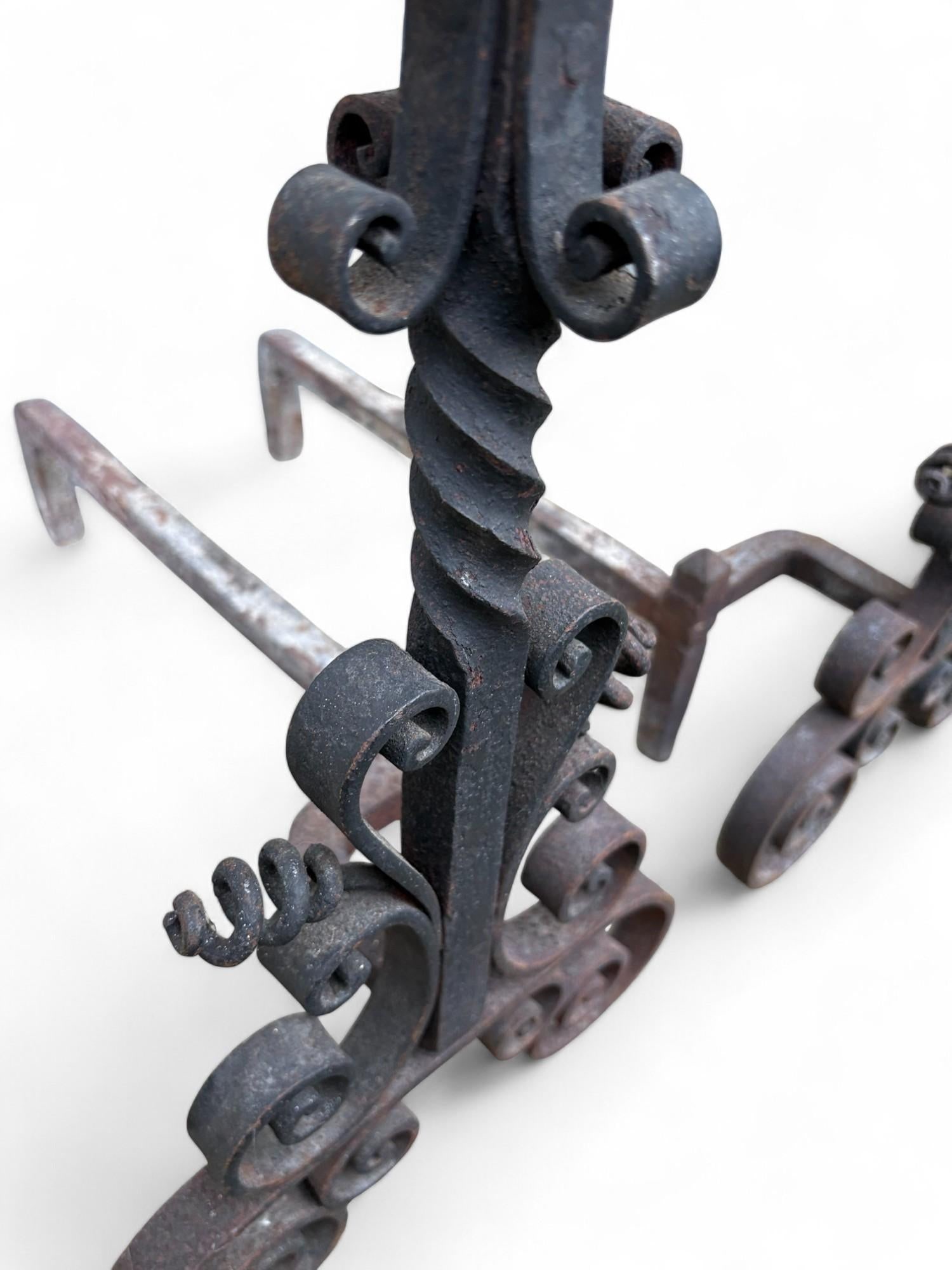 Late 19th Century Arts & Crafts Wrought Iron Pair Andirons Basket Top, Scrollwork, Spiral and Twiste - 6
