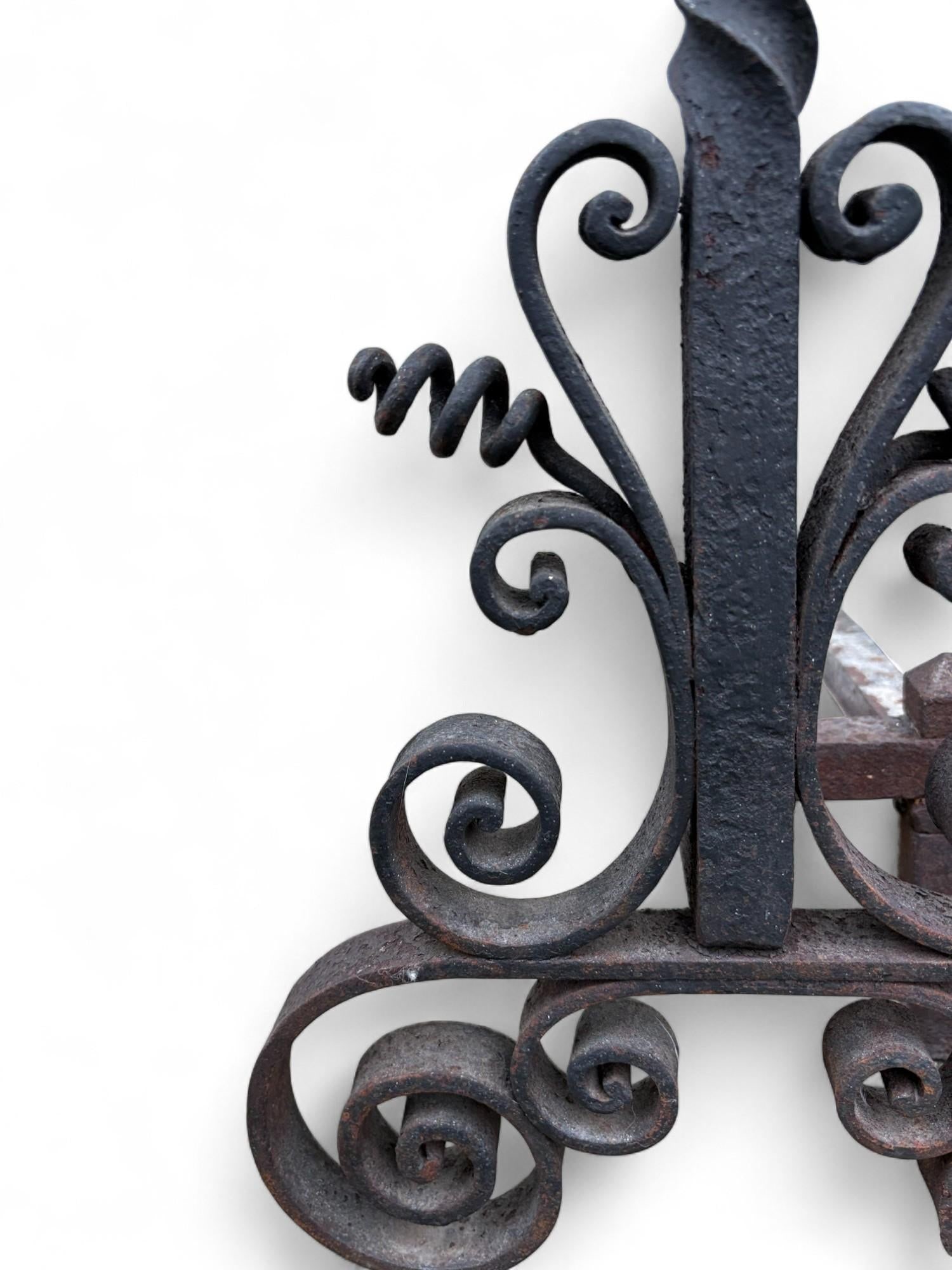 Late 19th Century Arts & Crafts Wrought Iron Pair Andirons Basket Top, Scrollwork, Spiral and Twiste - 7