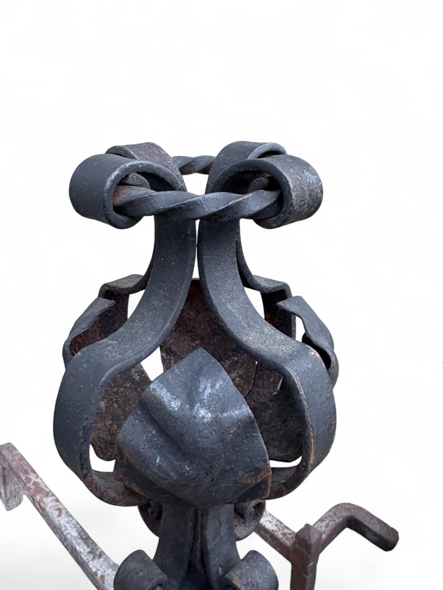 Late 19th Century Arts & Crafts Wrought Iron Pair Andirons Basket Top, Scrollwork, Spiral and Twiste - 8