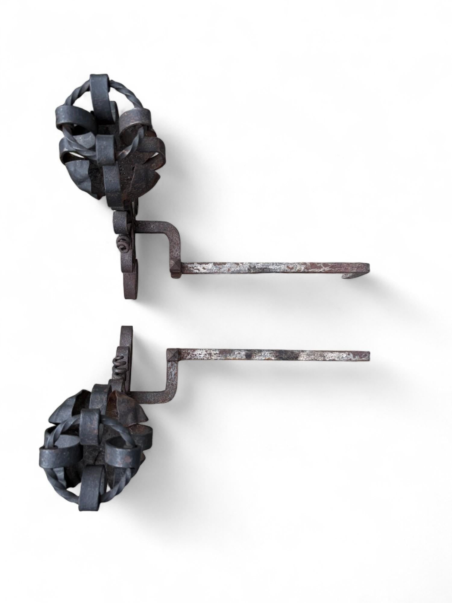 Late 19th Century Arts & Crafts Wrought Iron Pair Andirons Basket Top, Scrollwork, Spiral and Twiste - 9