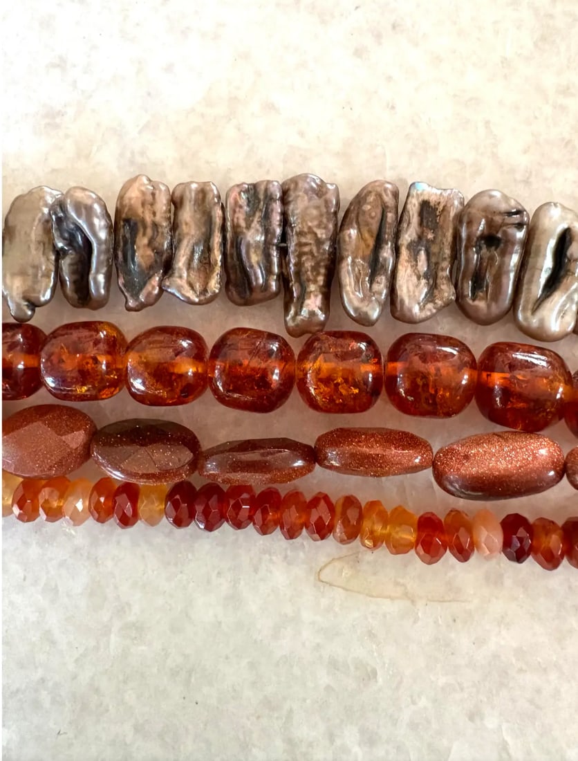 Vintage Multi-Strand Freshwater Pearl, Carnelian Amber, and Goldtone Beaded Necklace - 4