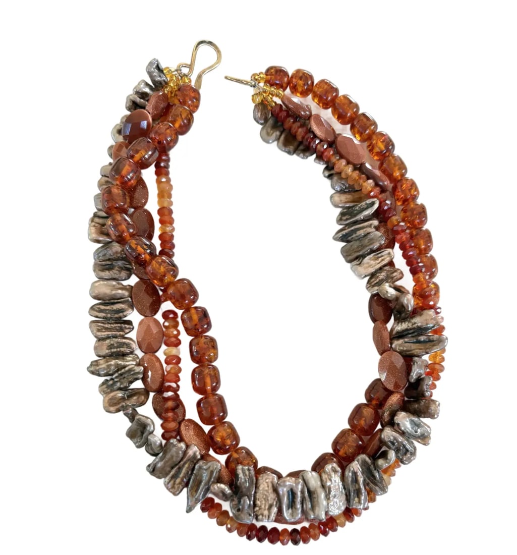 Vintage Multi-Strand Freshwater Pearl, Carnelian Amber, and Goldtone Beaded Necklace - 5