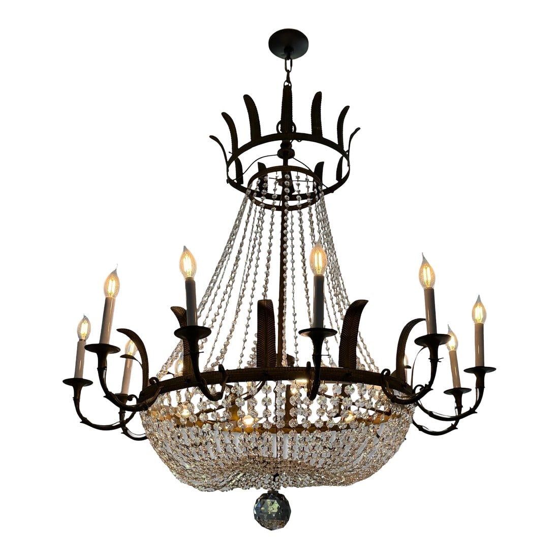 Large Mid 20th Century Mid-Century Empire Style Crystal & Gilt Metal Basket Chandelier (1 of 10)