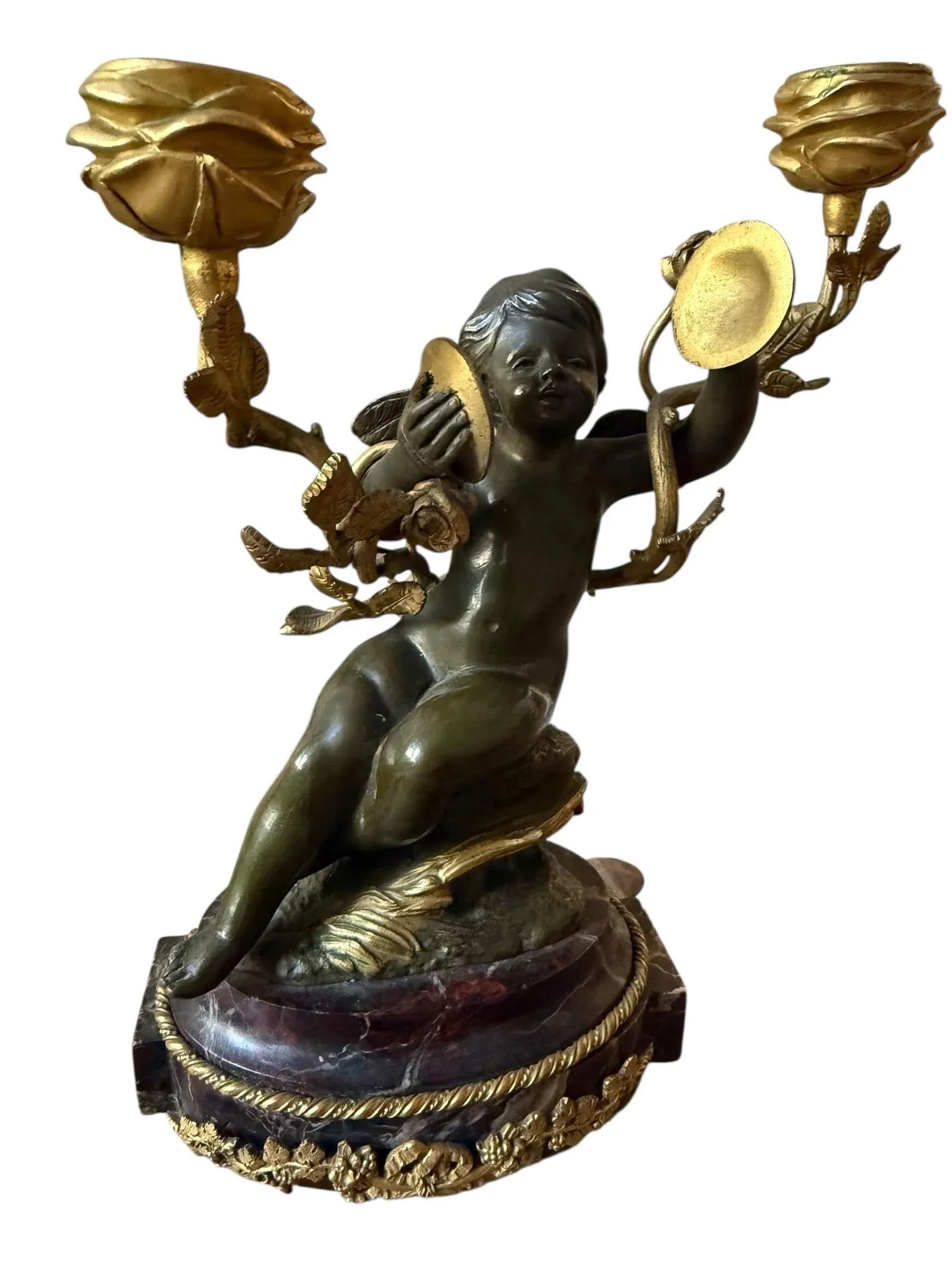 Fine French Neoclassical Bronze Dore Highlights. Marble Ormolu Cherubs Candleholders. Marble Footed. - 12