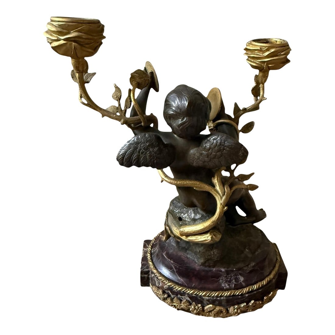 Fine French Neoclassical Bronze Dore Highlights. Marble Ormolu Cherubs Candleholders. Marble Footed. (1 of 12)