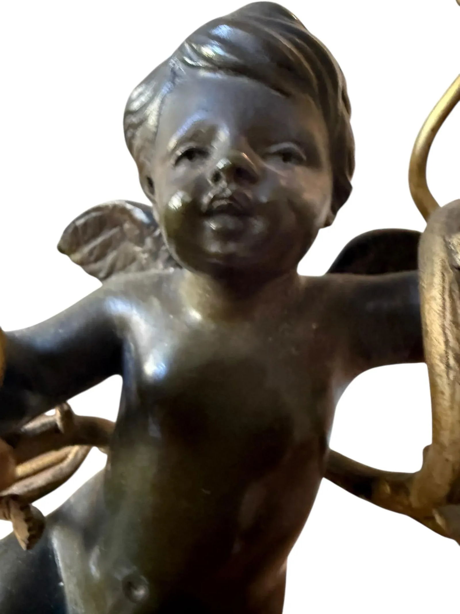Fine French Neoclassical Bronze Dore Highlights. Marble Ormolu Cherubs Candleholders. Marble Footed. - 3