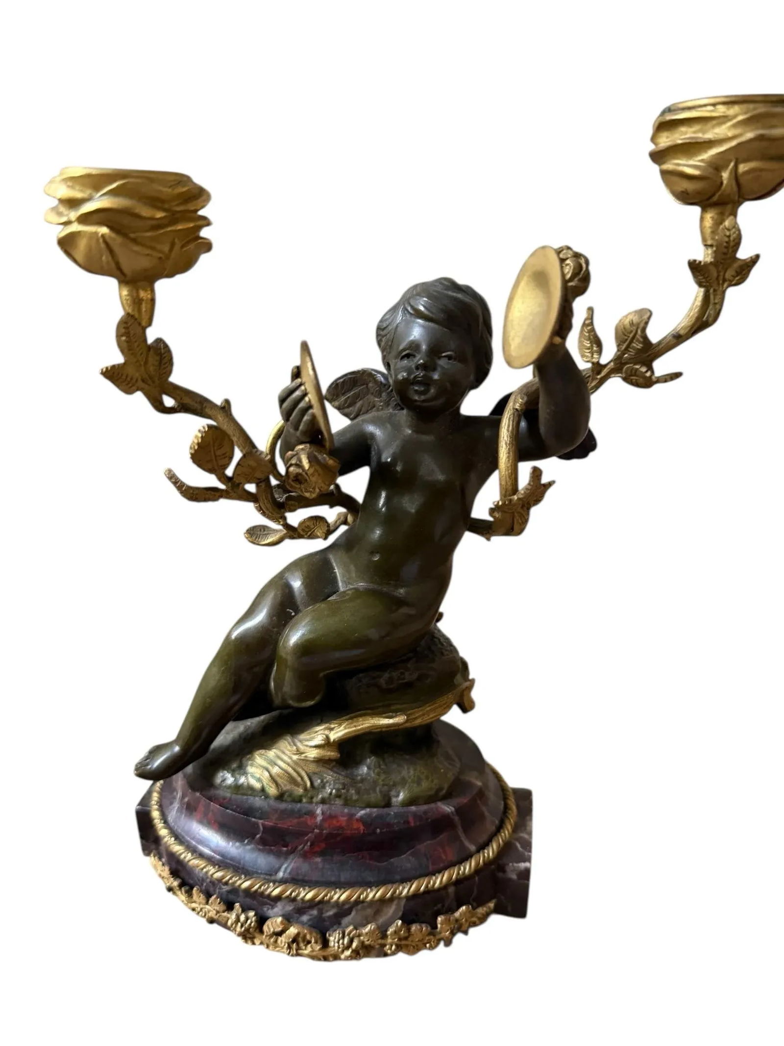 Fine French Neoclassical Bronze Dore Highlights. Marble Ormolu Cherubs Candleholders. Marble Footed. - 5