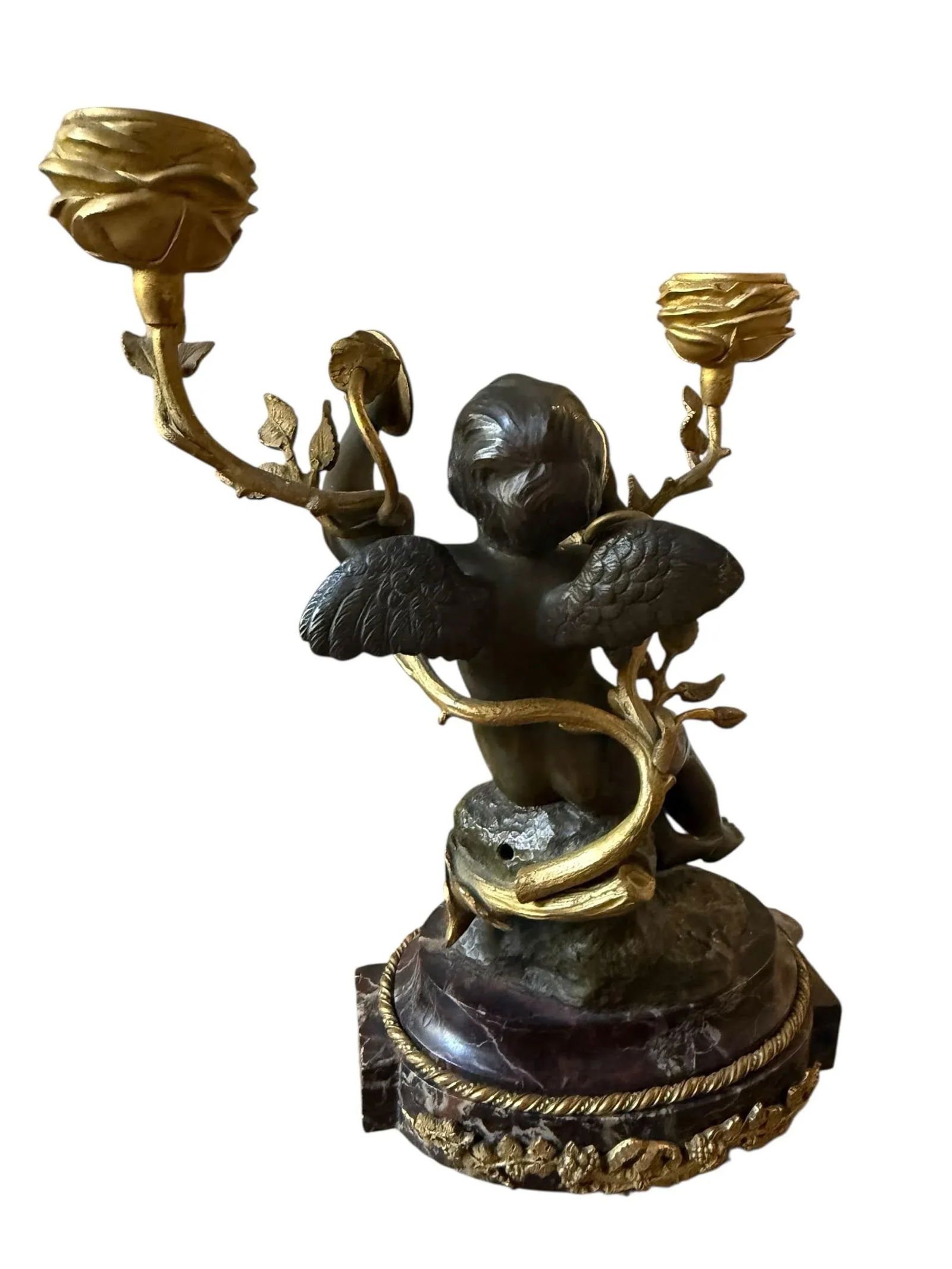 Fine French Neoclassical Bronze Dore Highlights. Marble Ormolu Cherubs Candleholders. Marble Footed. - 8
