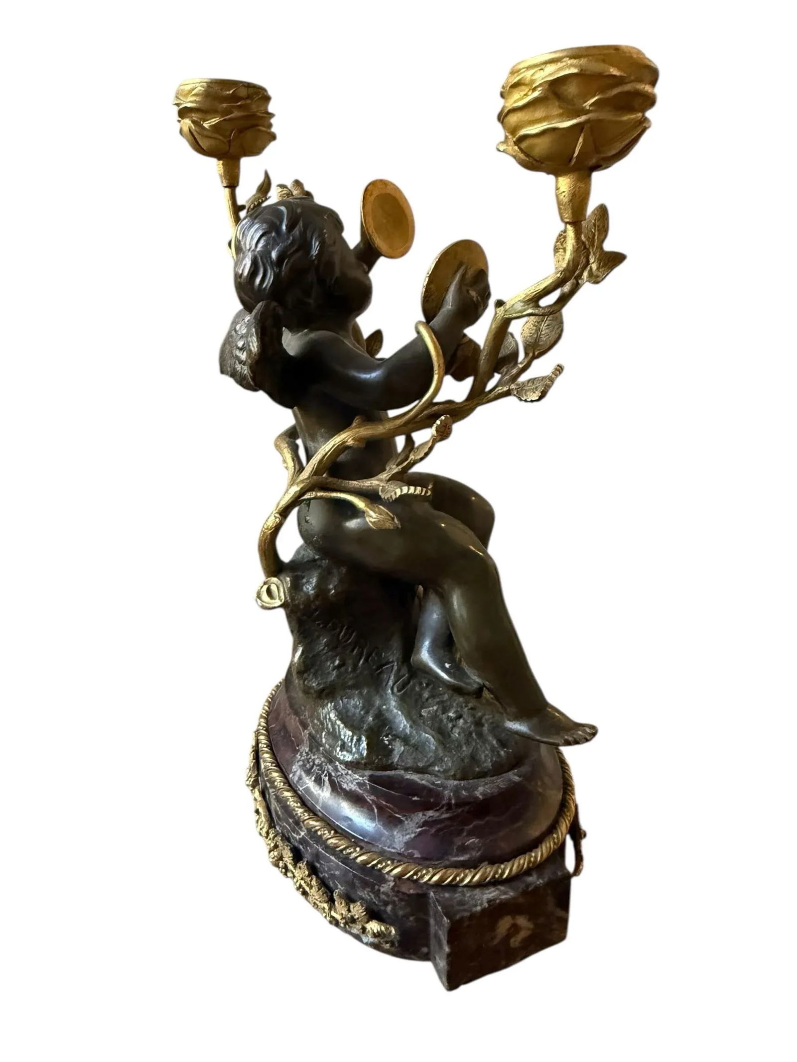 Fine French Neoclassical Bronze Dore Highlights. Marble Ormolu Cherubs Candleholders. Marble Footed. - 9