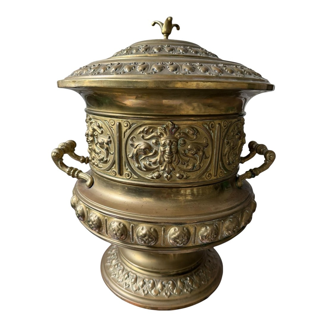 1910s Giant Antique Repousse Victorian Brass Bacchus Continental Style Lidded Ice Bucket Wine Cooler (1 of 9)
