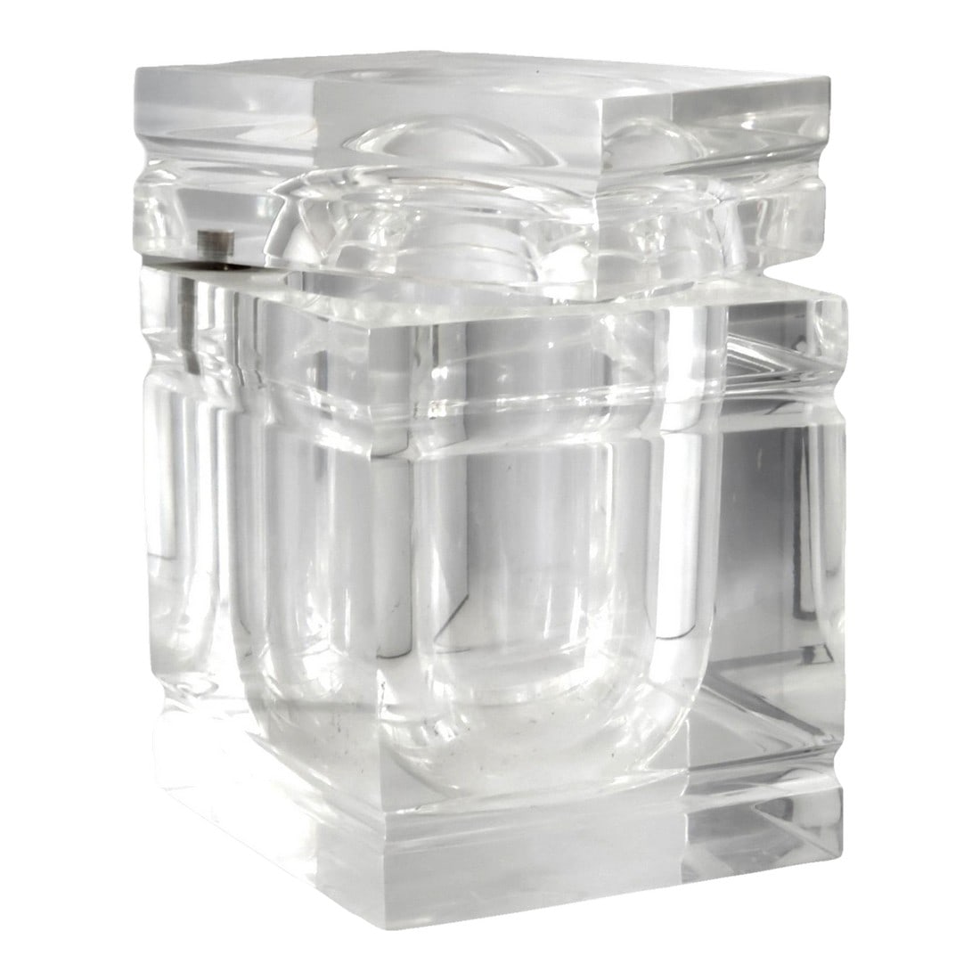 Midcentury Italian Lucite "Ice Block" Ice Bucket in the Albrizzi Style: A striking midcentury faceted Lucite ice container in the manner of Alessandro Albrizzi, celebrated for his sculptural use of acrylic in barware and decorative design. The substantial form features a