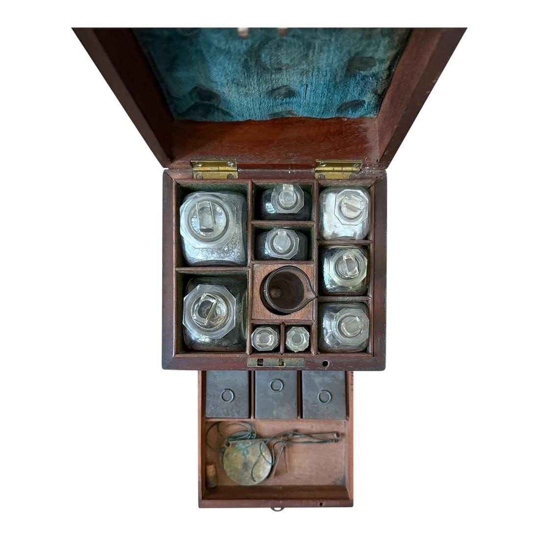 Antique Small Wooden Apothecary Box. Likely by Clay and Abraham, Liverpool.: **Product Description: Small Apothecary Cabinet** Step into a world of vintage charm with this exquisite small apothecary cabinet. Crafted with precision and elegance, this piece serves as both a