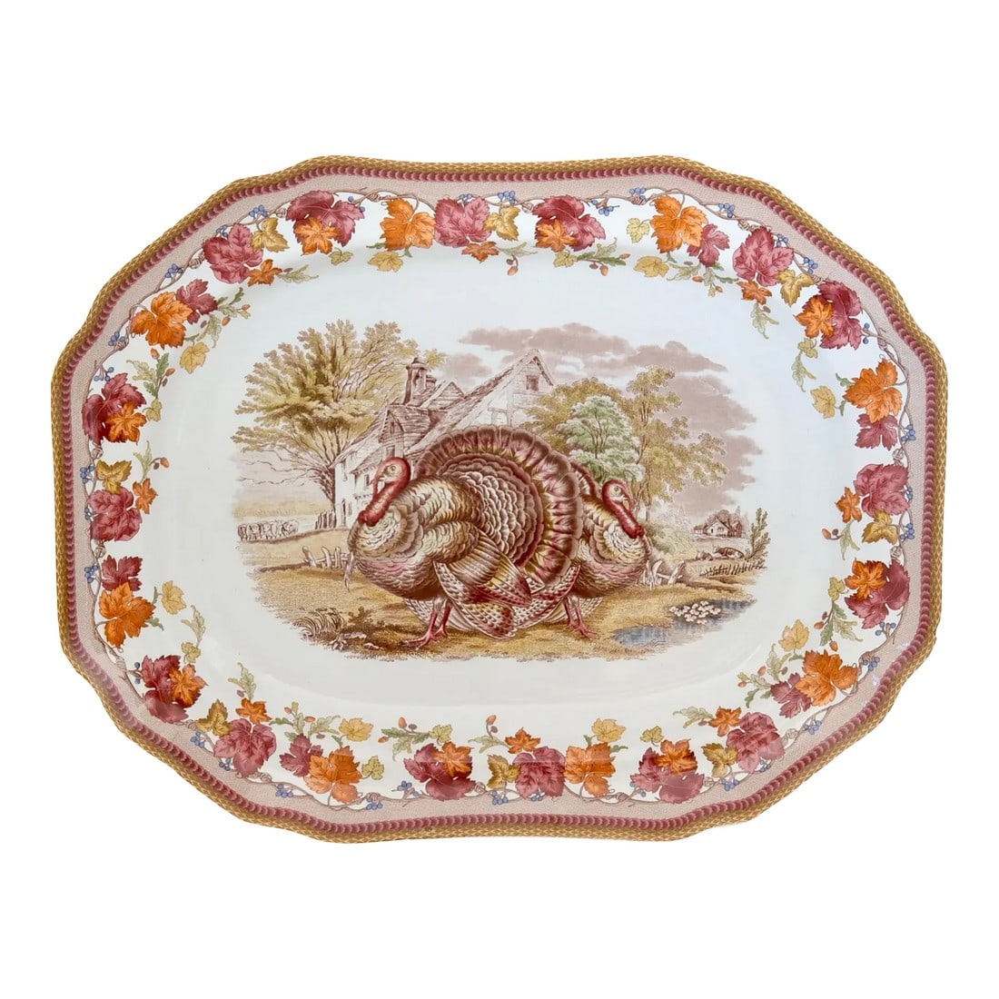 Large Spode for Williams Sonoma Turkey Platter: Where tradition meets the table. This limited-edition Spode Turkey Platter, commissioned by Williams-Sonoma in 2007, features a richly detailed central turkey surrounded by an autumnal garland of oak