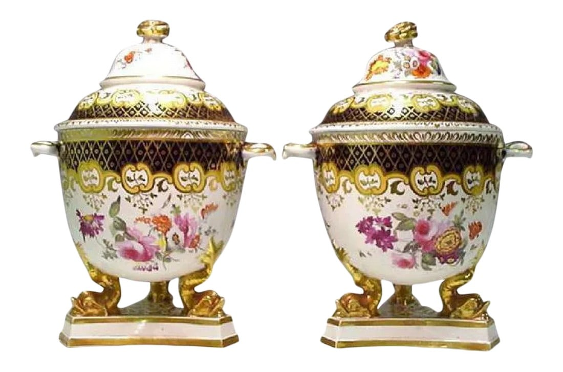 Regency Ridgway Porcelain Fruit Coolers, Covers & Liners - a Pair: Frozen Splendour: The Ridgway Dolphin Coolers This magnificent pair of Fruit Coolers (or Ice Pails) is a dazzling relic of opulent Regency-era dining, demonstrating the extreme luxury associated