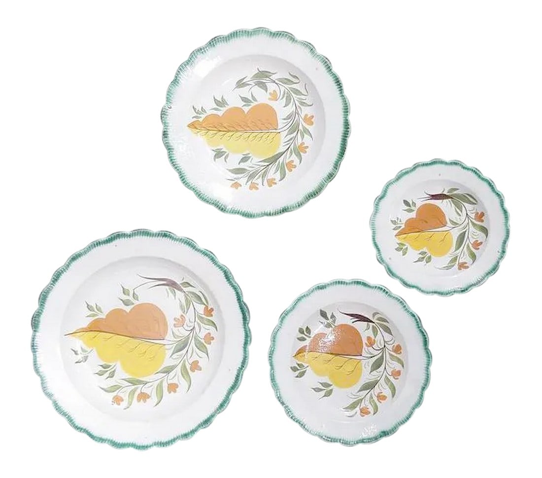 Green Shell-Edged Nested Oak Leaf Design Small Dishes - Set of 4: Autumnal Delight: Nested Pearlware Dishes Object: Set of Four Nested Serving Dishes Origin: England Date: Circa 1800 Medium: Pearlware Earthenware, Hand-painted Enamels, and Cobalt Underglaze 