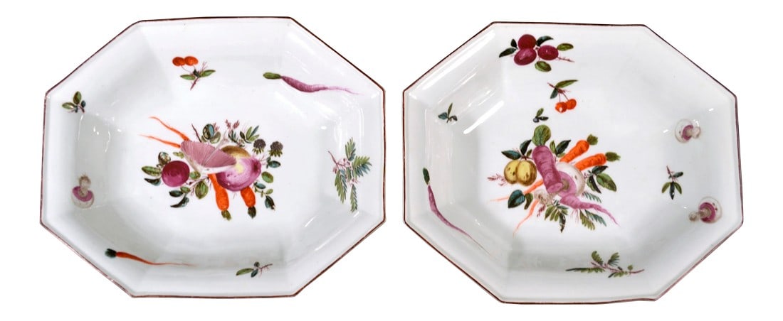 Antique Chelsea Porcelain Vegetable Dishes, Brown Anchor, Circa 1758-60: Rococo Harvest: Chelsea Porcelain Vegetable Dishes Object: Pair of Deep Octagonal Dessert Dishes Origin: Chelsea Porcelain Factory, London, England Date: Circa 1758-1760 (Brown Anchor Period)