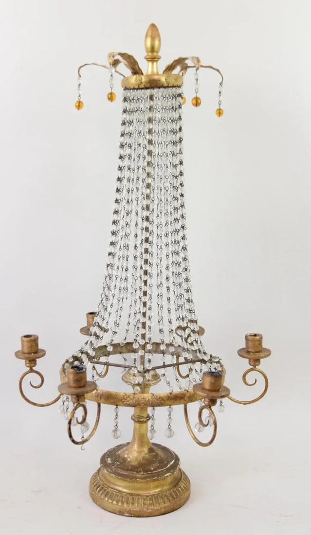 1950s French Empire Style Gold Gilt Wood Cascading Glass Crystals and Beads Table Centerpiece Chande - 6