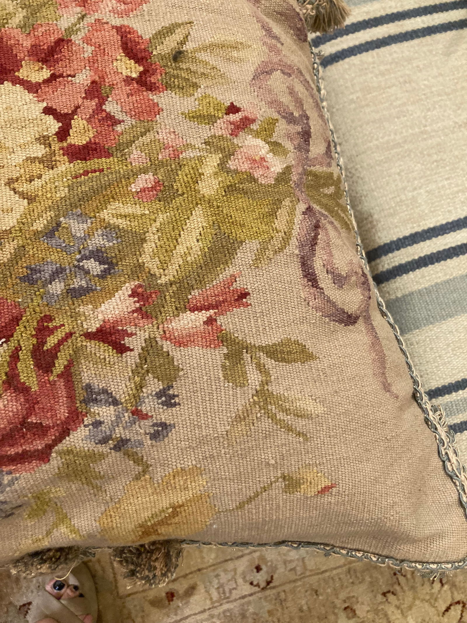 Floral Needlepoint & Velvet Pillows -a Pair - 10