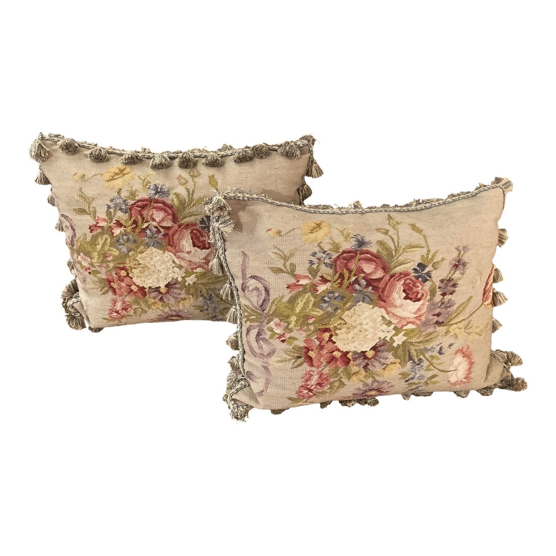 Floral Needlepoint & Velvet Pillows -a Pair: Lovely pair of floral tapestry needlepoint pillows with velvet zippered backing. Gimp trim and tassels. Re-moveable covers. Inserts are 9% feathers 5% down. MD Condition: Alterations: Original