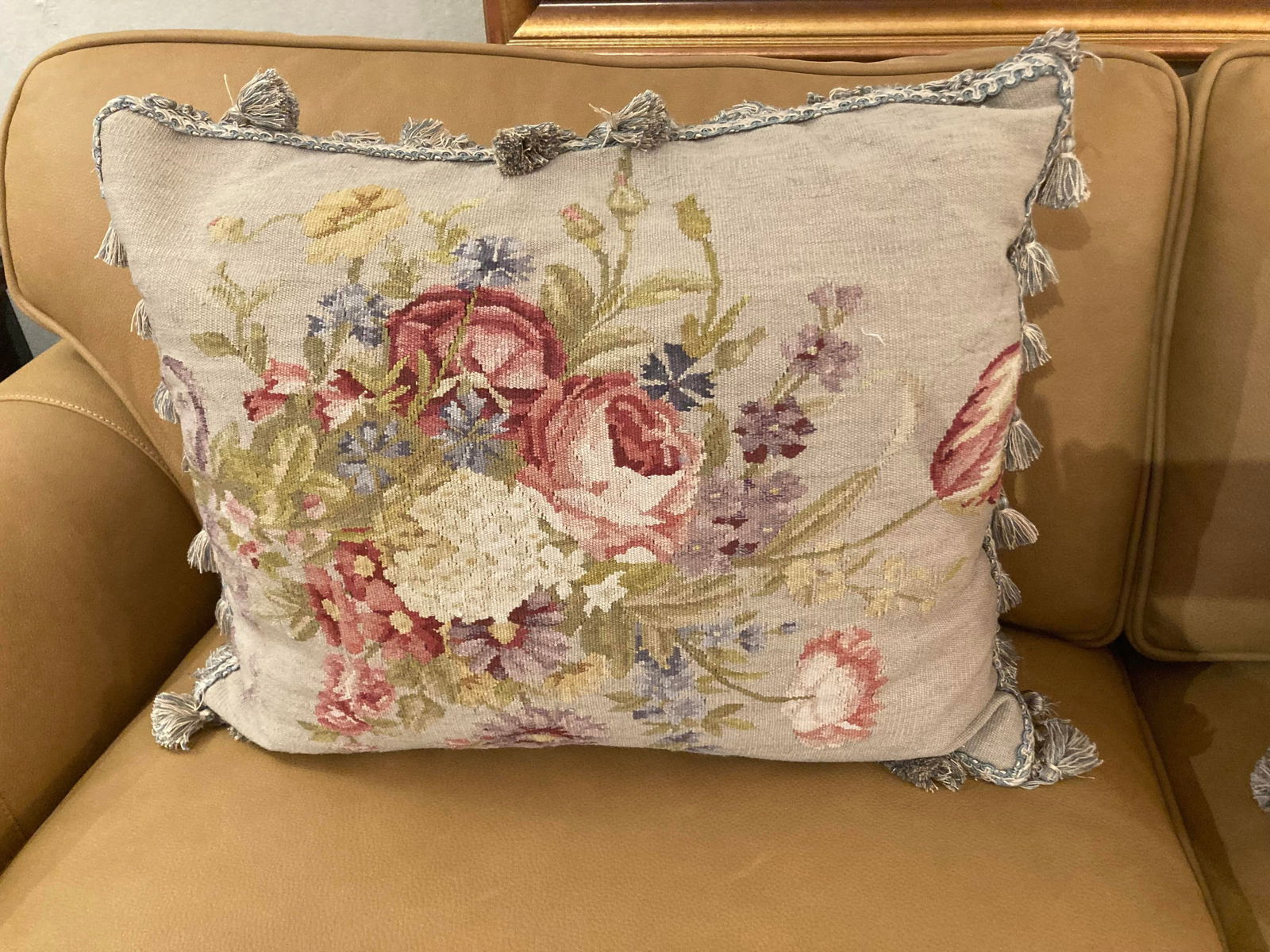 Floral Needlepoint & Velvet Pillows -a Pair - 3
