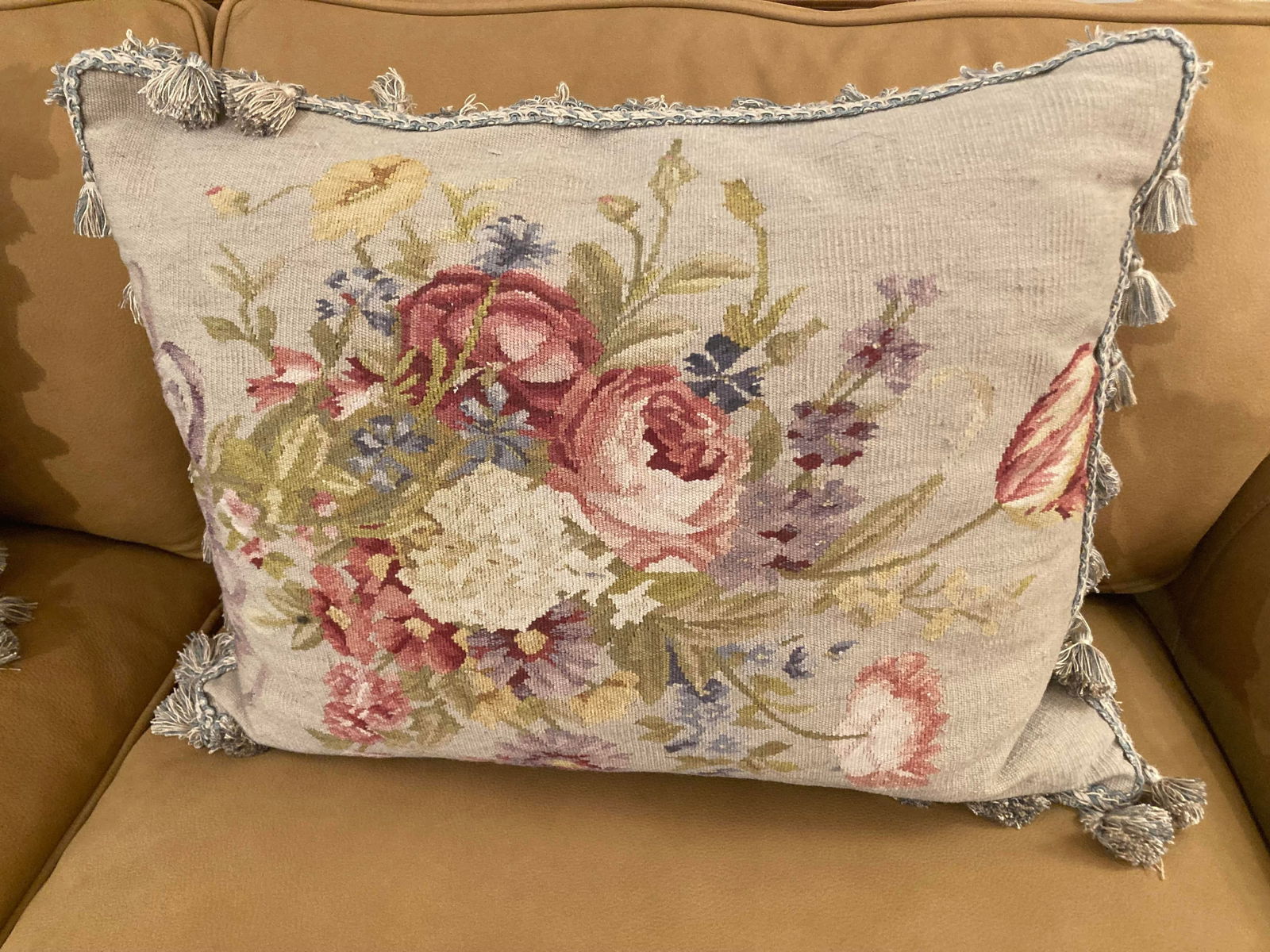 Floral Needlepoint & Velvet Pillows -a Pair - 4