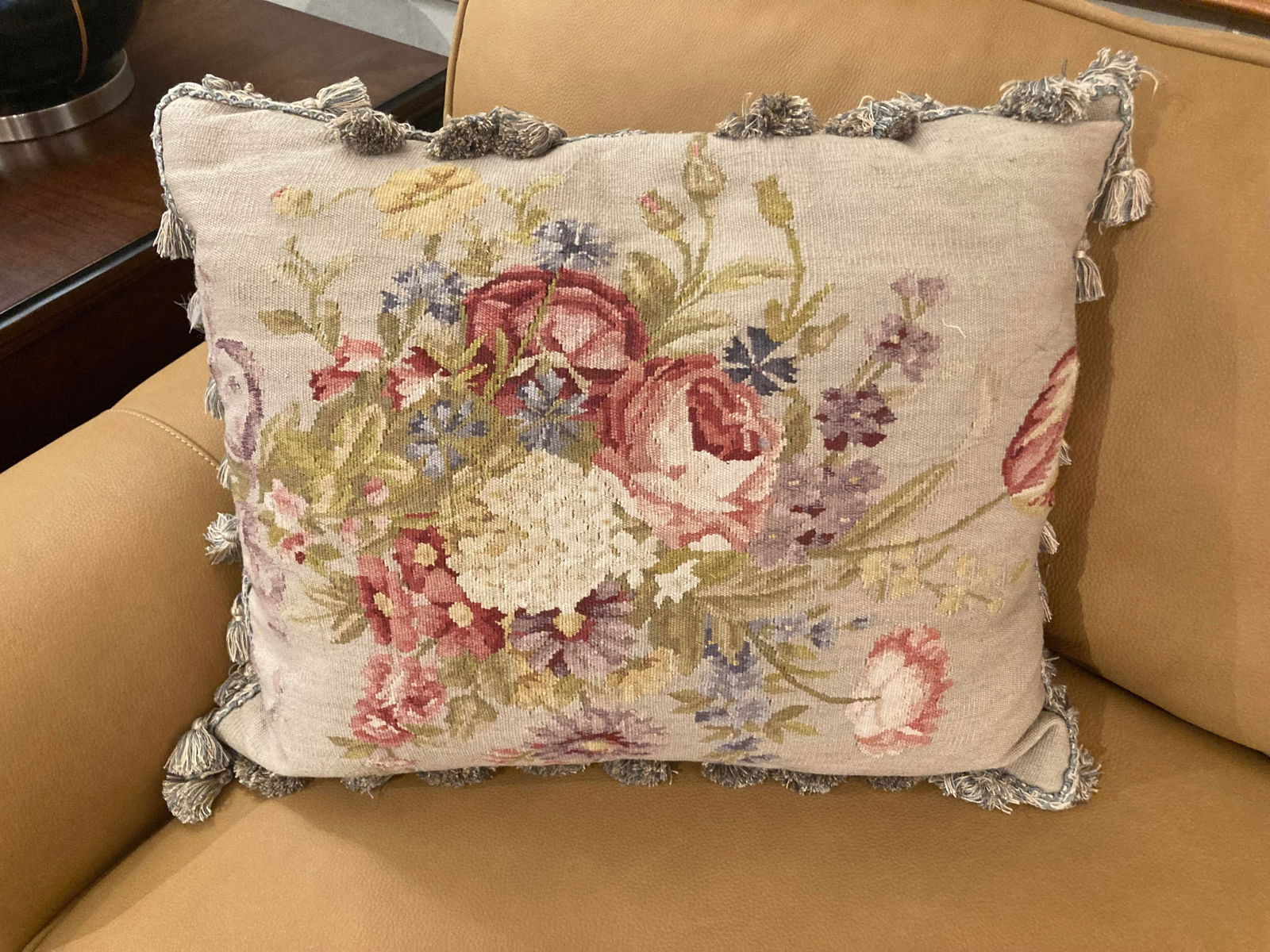 Floral Needlepoint & Velvet Pillows -a Pair - 5