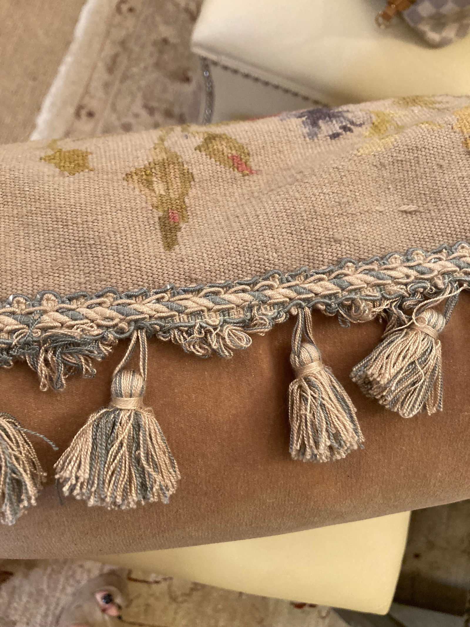 Floral Needlepoint & Velvet Pillows -a Pair - 7