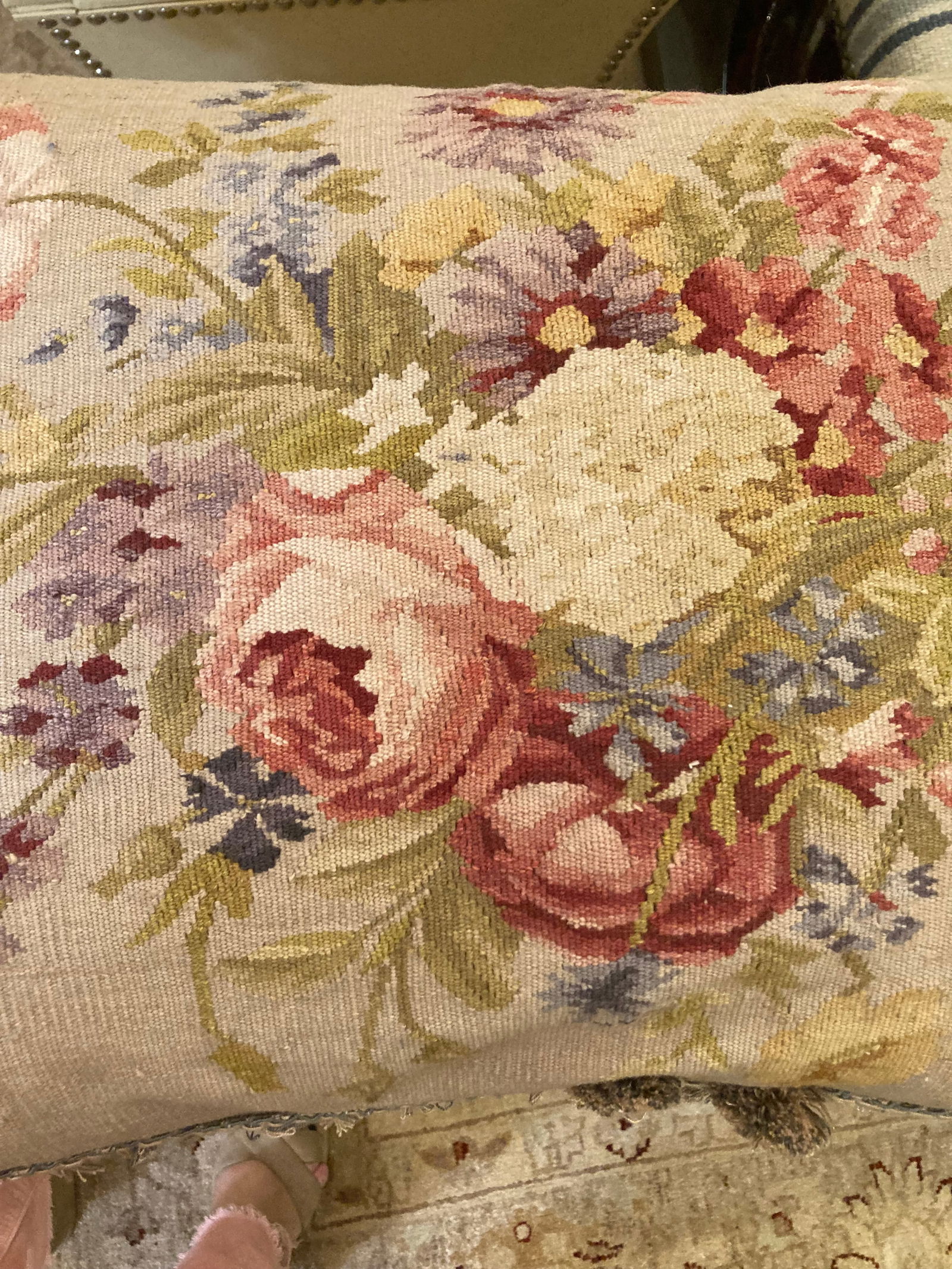 Floral Needlepoint & Velvet Pillows -a Pair - 8
