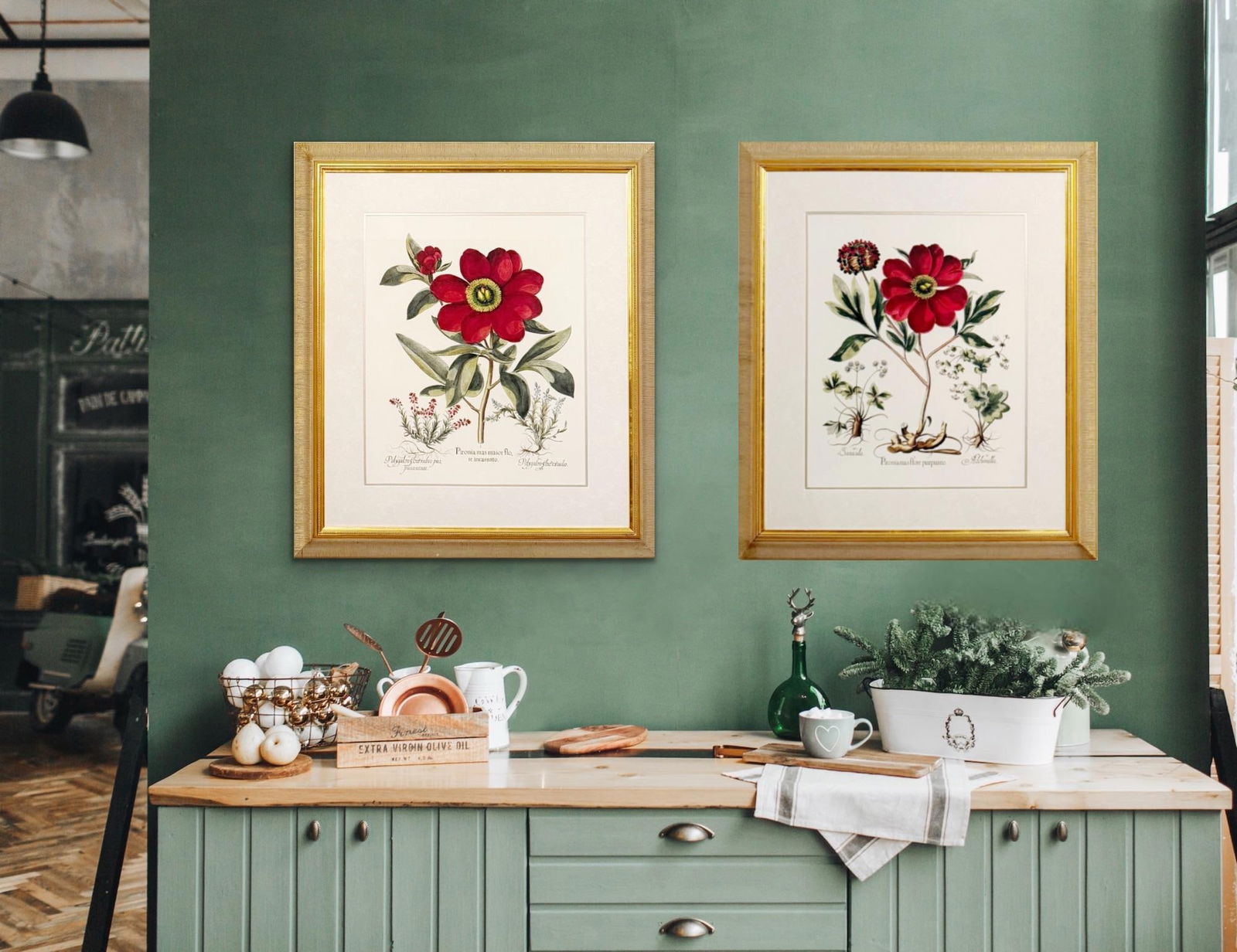 Large Botanical Lithographs Vibrant Color In Gold Gilt Frames Set Of 2 Red Floral - 2