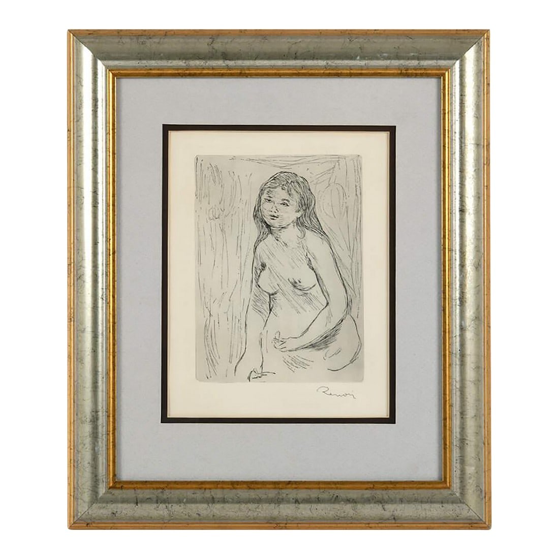 Signed Pierre-Auguste Renoir "Étude Pour Une Baigneuse" Etching: This signed Pierre-Auguste Renoir etching titled "Étude pour une Baigneuse" is a delicate and intimate study that captures the artist's mastery of form and sensitivity to the human figure.