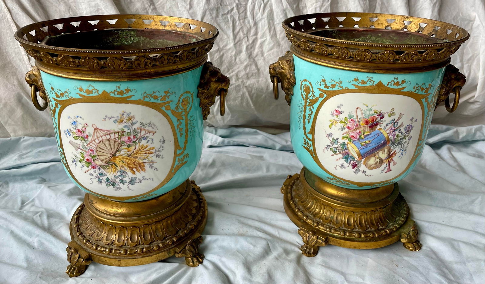 Early 20th Century Sevres Style Hand Painted Cherub Ceramic Gilt Metal Cache Pot a Pair - 12