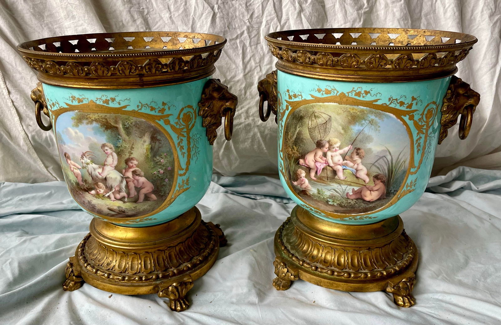 Early 20th Century Sevres Style Hand Painted Cherub Ceramic Gilt Metal Cache Pot a Pair - 2