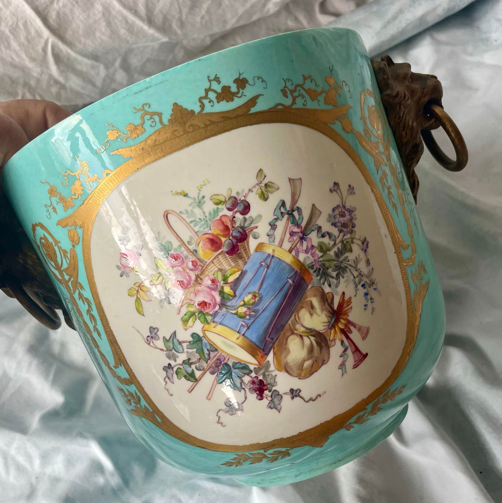 Early 20th Century Sevres Style Hand Painted Cherub Ceramic Gilt Metal Cache Pot a Pair - 3