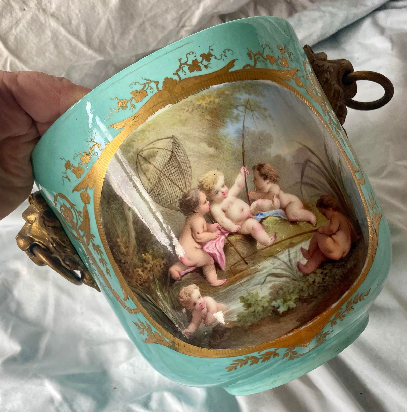 Early 20th Century Sevres Style Hand Painted Cherub Ceramic Gilt Metal Cache Pot a Pair - 4
