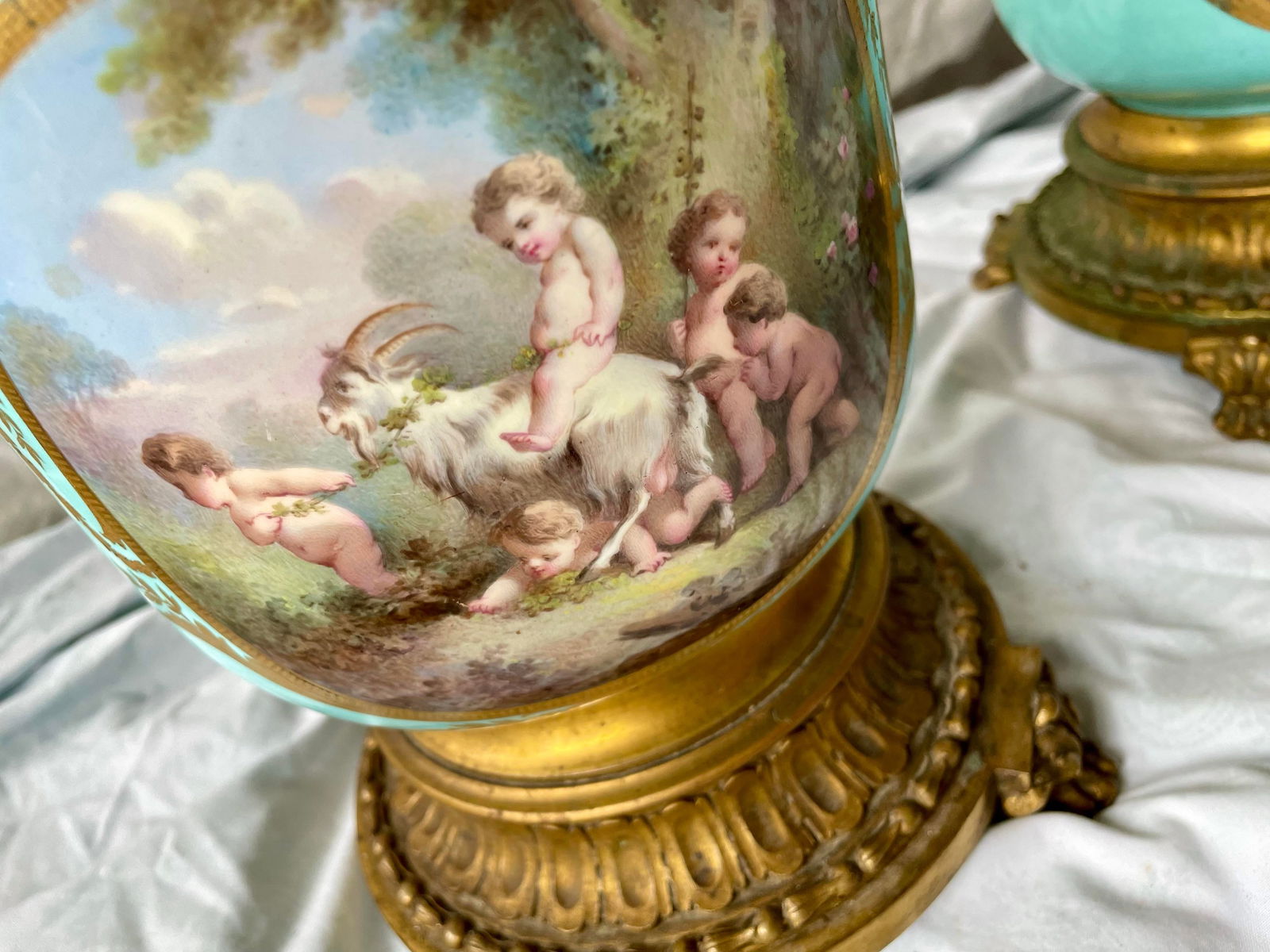 Early 20th Century Sevres Style Hand Painted Cherub Ceramic Gilt Metal Cache Pot a Pair - 6
