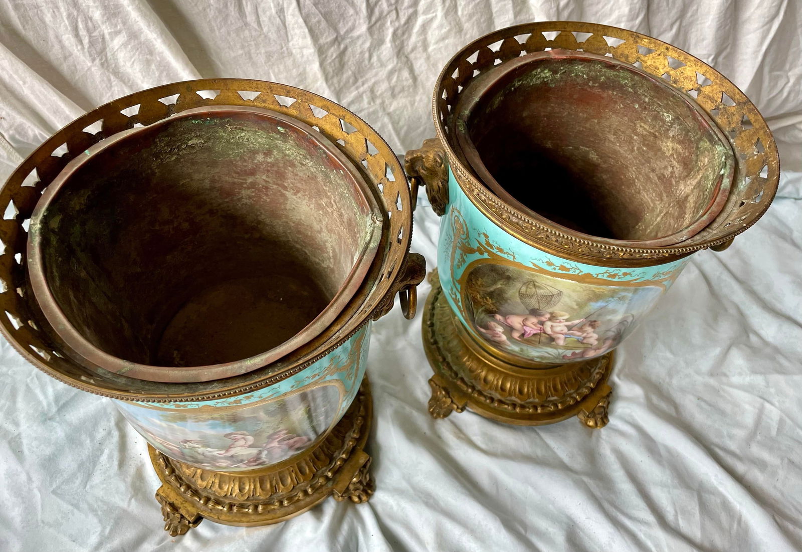 Early 20th Century Sevres Style Hand Painted Cherub Ceramic Gilt Metal Cache Pot a Pair - 8