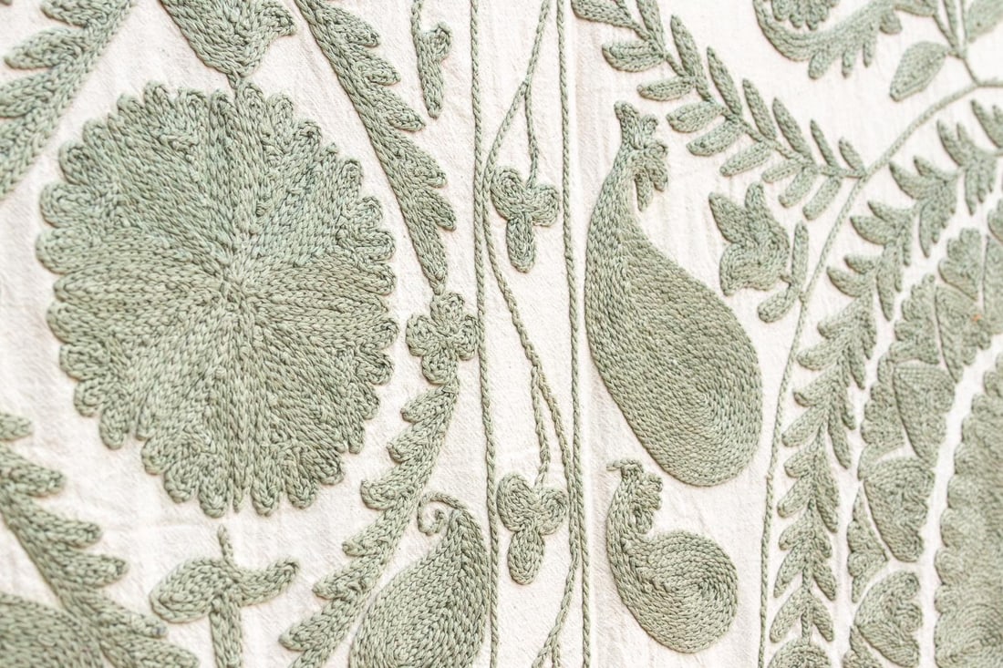 Sage Paisley Hand-Embroidered Suzani Throw - 3