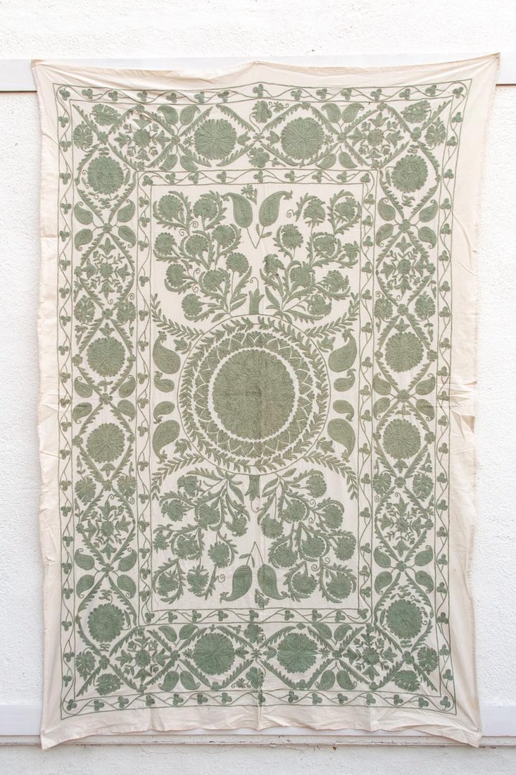 Sage Paisley Hand-Embroidered Suzani Throw - 7