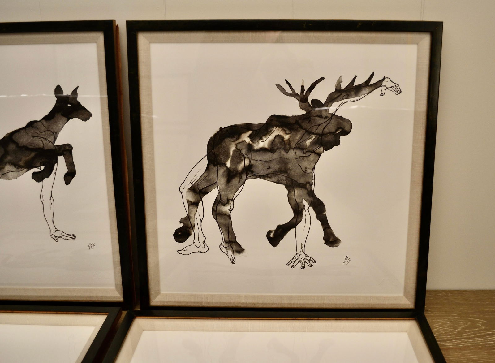 Zoe Bios Framed Male Form Drawings With Watercolor Animal Overlays - Set of 4 - 2