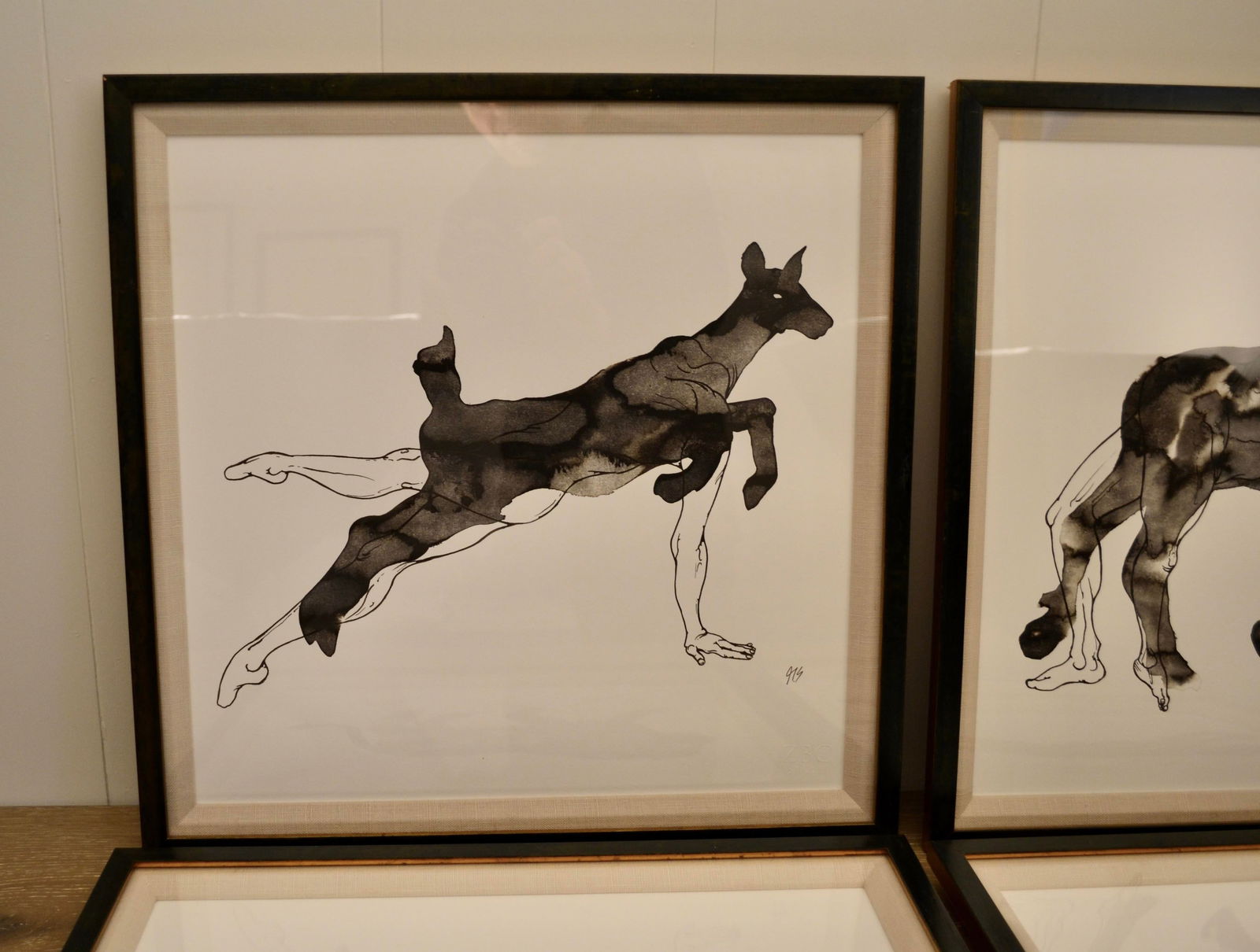Zoe Bios Framed Male Form Drawings With Watercolor Animal Overlays - Set of 4 - 3