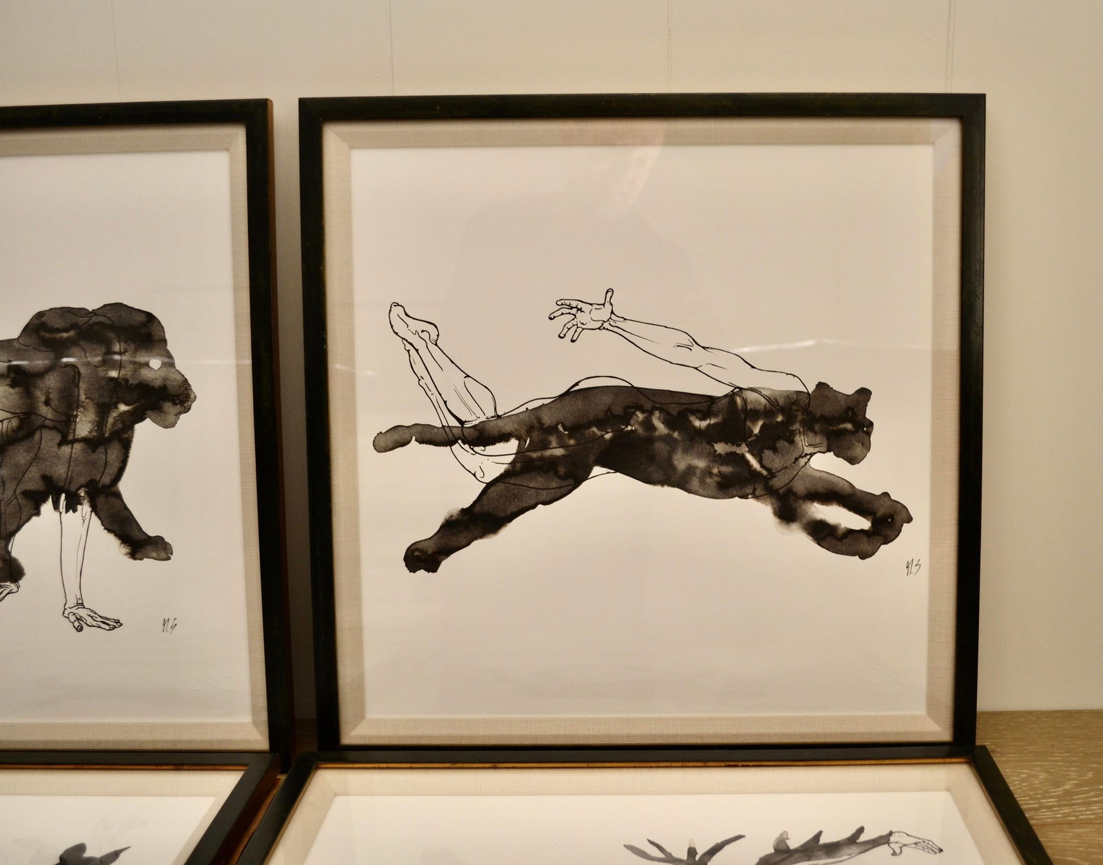 Zoe Bios Framed Male Form Drawings With Watercolor Animal Overlays - Set of 4 - 4