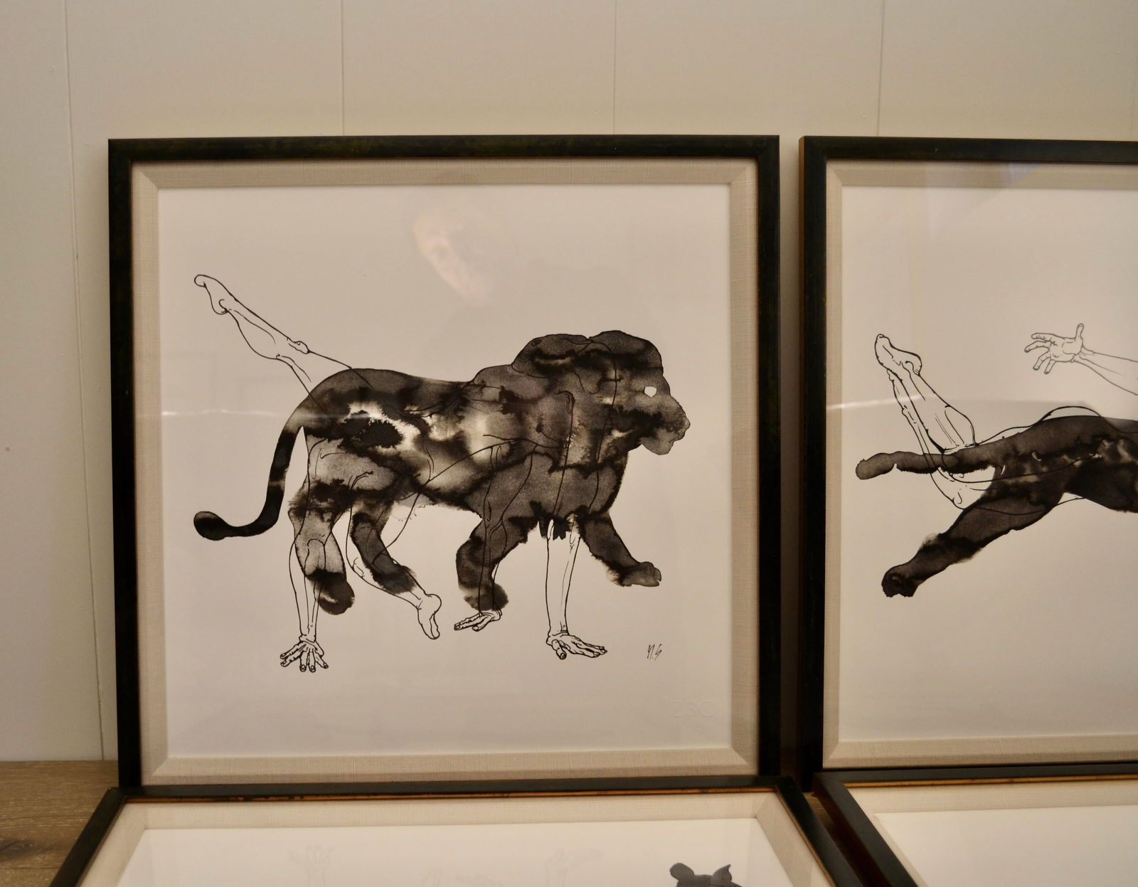 Zoe Bios Framed Male Form Drawings With Watercolor Animal Overlays - Set of 4 - 5