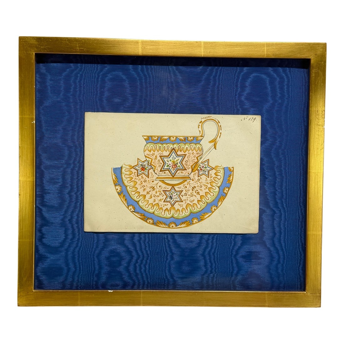 Viennese Porcelain Design Watercolor, Alt-Wiener Porzellan Fabrik, Ca. 1840–1850: An original watercolor and gouache drawing for a porcelain cup and saucer design, attributed to the Alt-Wiener Porzellan Fabrik, Vienna, circa 1840–1850. This elaborate geometric scheme,