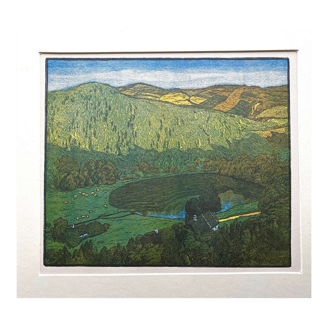 Early 20th Century Adolf Zdrazila Color Woodcut Print on Paper Monogrammed: Adolf Zdrazila (Poruba (now. Ostrava) 1868 - 1942 Opava). Color woodcut print on paper of Small Lake. Monogrammed plate.25 x 29.5 cm Adolf Zdrazila is an important twentieth century Silesian