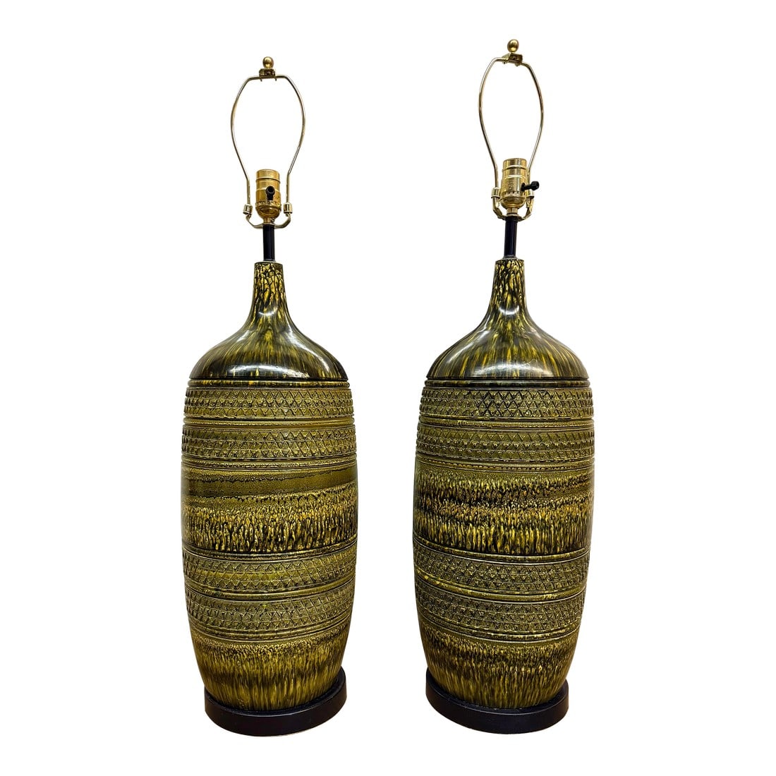 1950s Bitossi Large Vintage Green Textured Lamps Pair: These are an incredible pair of - green textured vintage Italian statement lamps. In a very rich moss green finish. Rewired and in good working order. the measure 25" to the top of each vase -