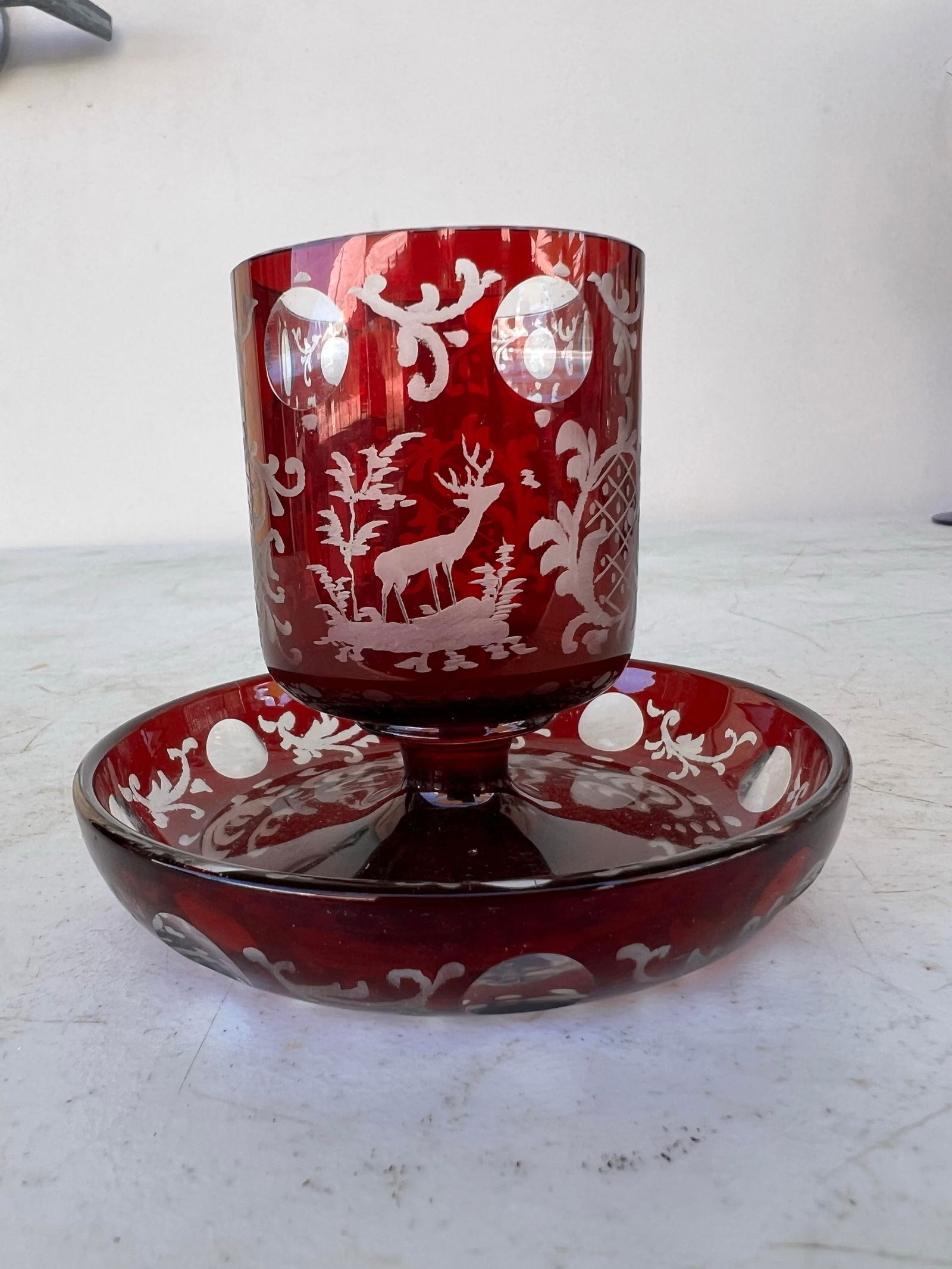 Vintage Early 20th Century Red Crystal Bohemian Glass Footed Holder - 2