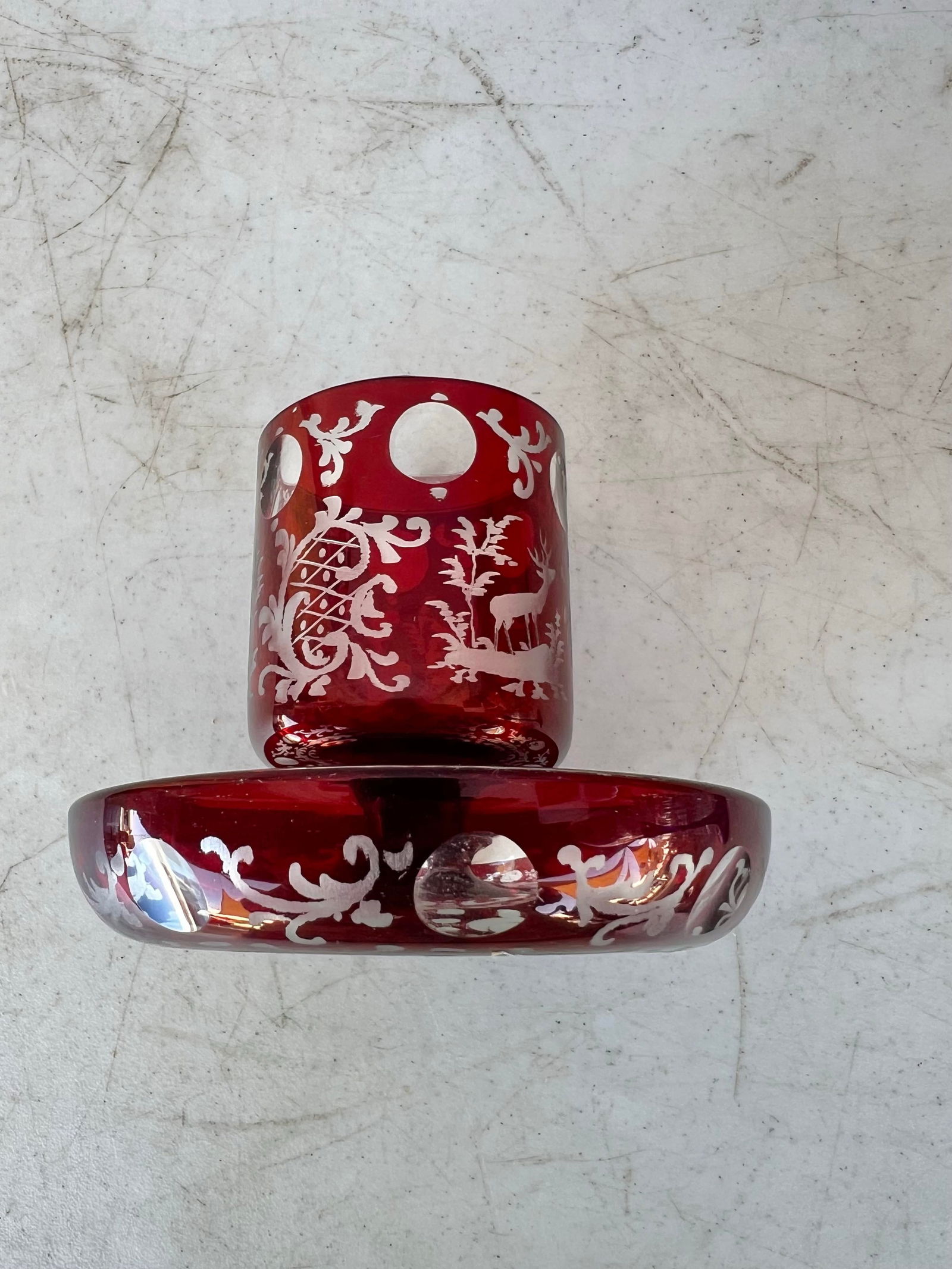 Vintage Early 20th Century Red Crystal Bohemian Glass Footed Holder - 4