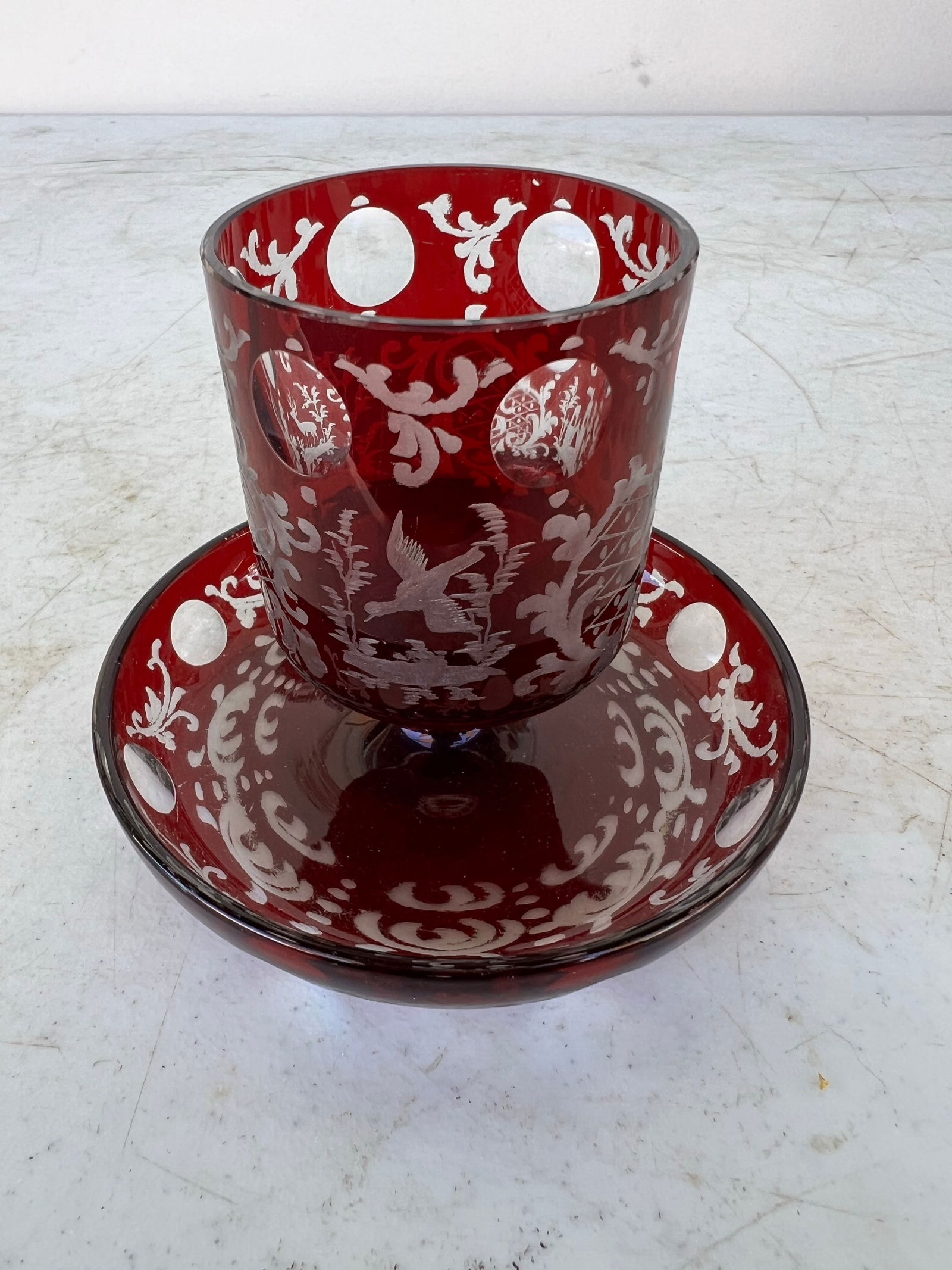 Vintage Early 20th Century Red Crystal Bohemian Glass Footed Holder - 6