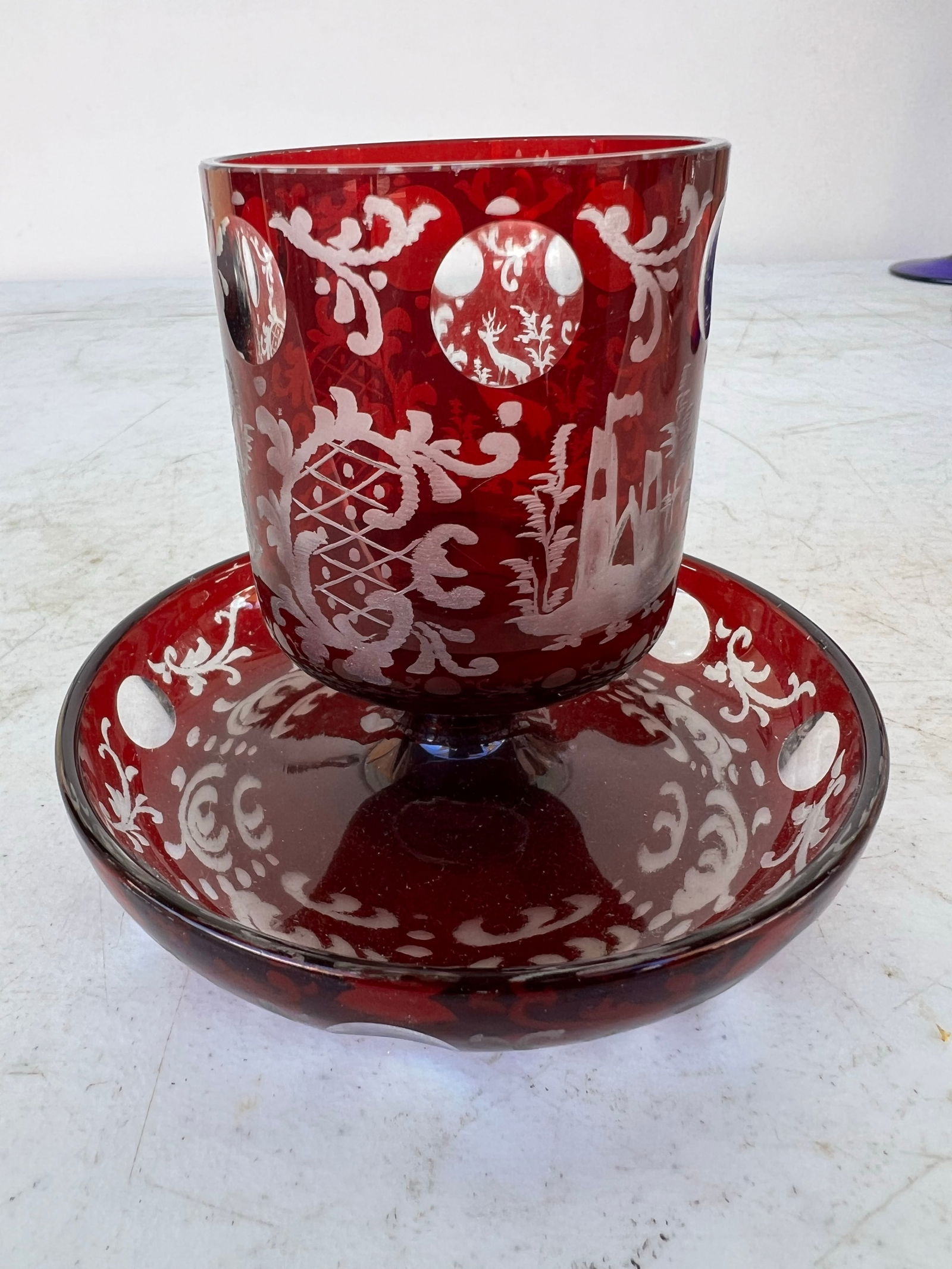 Vintage Early 20th Century Red Crystal Bohemian Glass Footed Holder - 8