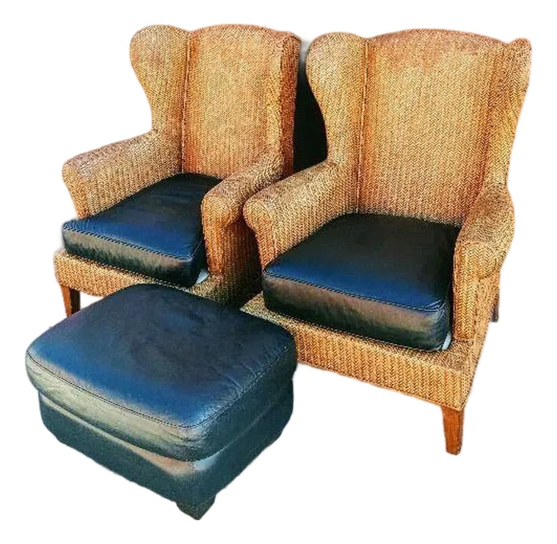 1980s Ethan Allen Wingback Chairs With a Leather Ottoman, 3 Pieces: Experience Timeless Comfort with Ethan Allen Wingback Chairs with a matching leather ottoman. Elevate your living space with this exquisite pair of Ethan Allen Wingback Chairs. Crafted with a
